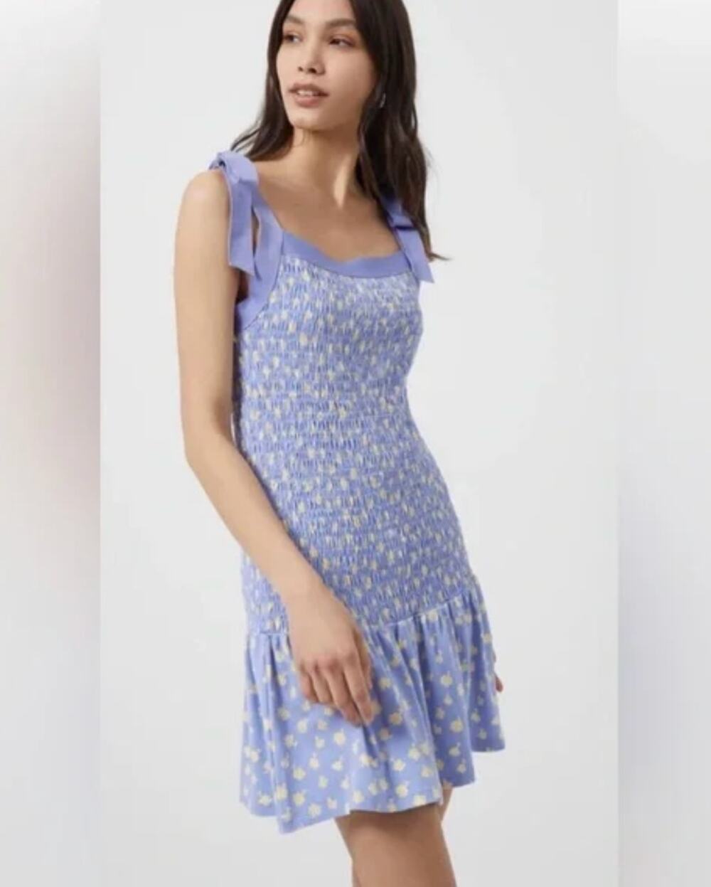 French Connection Dress XL Blue Floral Tiered Mini Doria Peony Bow Coquette